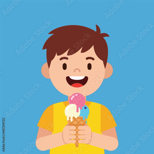 Happy young boy holds colorful ice cream cone on bright blue summer day, enjoying sweet treat with a joyful expression.