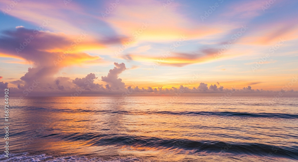 Fototapeta premium Stunning ocean sunset with vibrant colors reflecting on the water creates a peaceful, serene, feeling