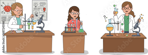Female scientists in laboratory cartoon set, chemistry, experiments, research, test tubes, flasks, microscope, discovery, science, education, innovation, analysis