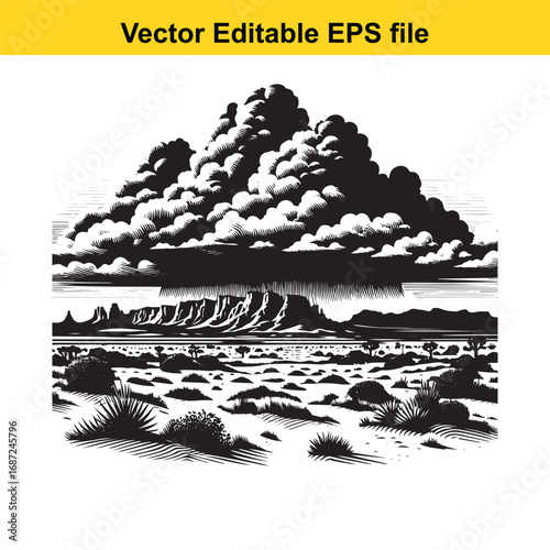 Dramatic storm clouds gathering over a desert landscape, vector art