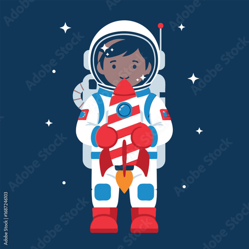 Young astronaut holding a toy rocket in space surrounded by stars, dreaming of future space exploration and scientific discovery, creating a sense of wonder.