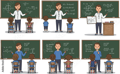 Teachers and students learning math cartoon set, classroom education, algebra, geometry, trigonometry, logarithms, chalkboard, equations, study, academic, school