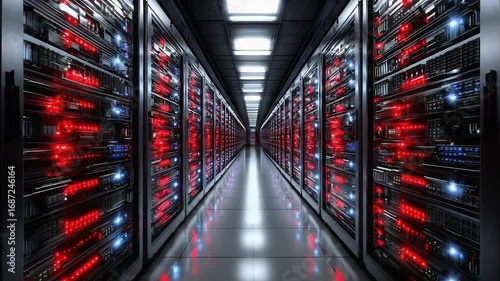 A data center with long rows of server racks lit by red and blue indicator LEDs.