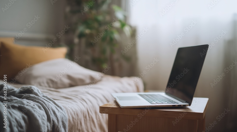 Fototapeta premium Cozy bedroom corner features laptop on small wooden desk beside neatly made bed with soft pillows and warm blanket, creating serene work from home atmosphere