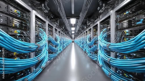 A data center with rows of server racks and neatly organized blue network cables along the aisle.