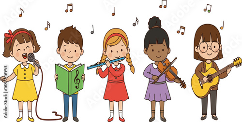 Children singing, reading music, and playing flute, violin, and guitar in colorful performance, diverse kids enjoying musical instruments together happily