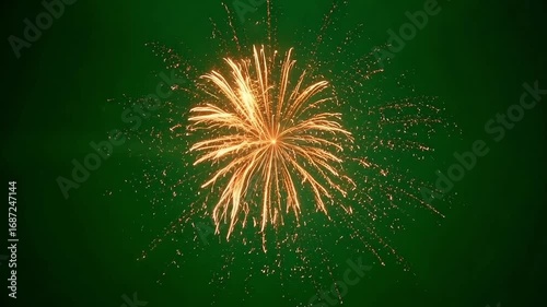 Golden fireworks burst brightly against a dark green background, symbolizing celebration and joy.