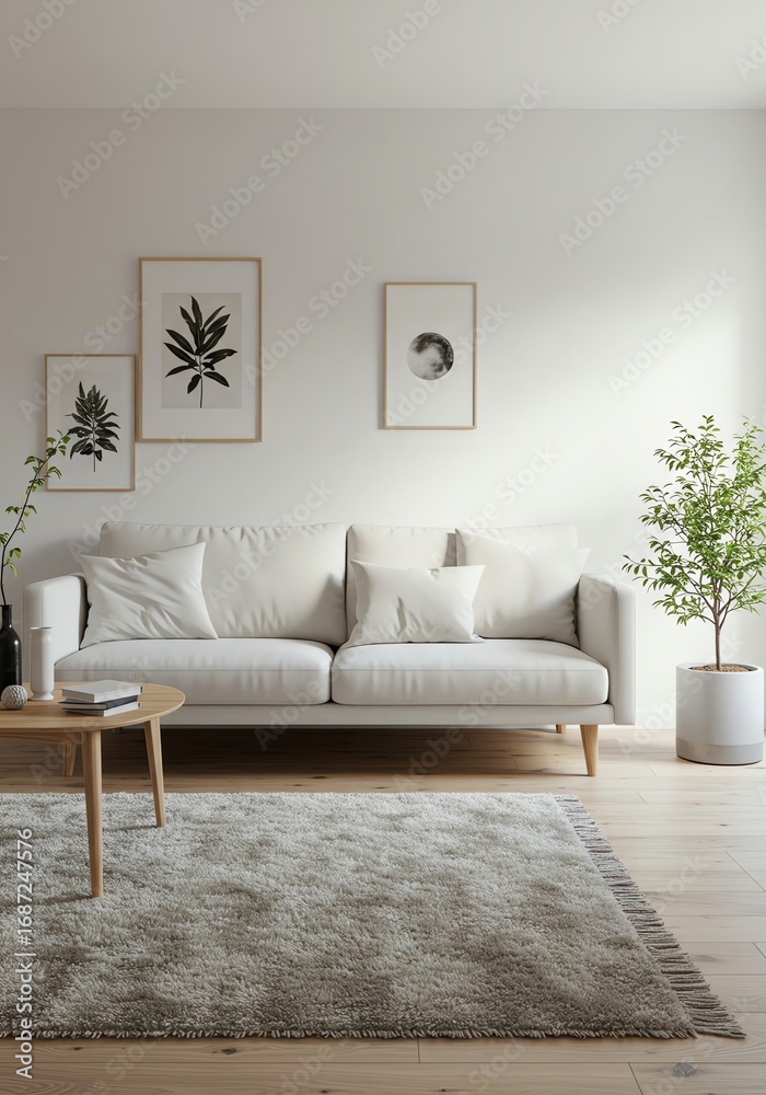 Fototapeta premium Minimalist living room interior with white sofa and botanical wall art decor