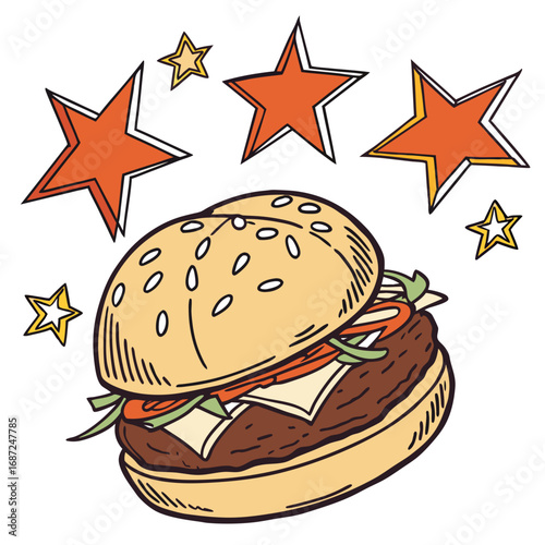 Vector art of delicious burger with stars, hand drawn style