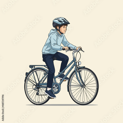 Boy riding bicycle on quiet street wearing helmet and blue hoodie, enjoying a sunny afternoon with a sense of freedom and adventure.