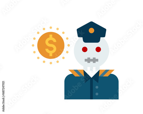 Vector icon of a zombie police officer representing bribery and financial corruption. Conceptual flat illustration of a skull guard with a gold coin
