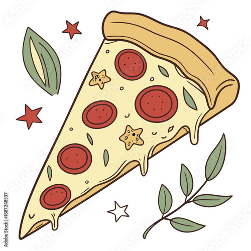 Vector art of pepperoni pizza slice with basil and star shape