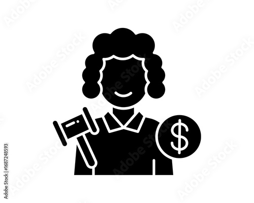 Bail and court fines black glyph icon. A judge in a traditional wig holding a gavel next to a money symbol for legal fees
