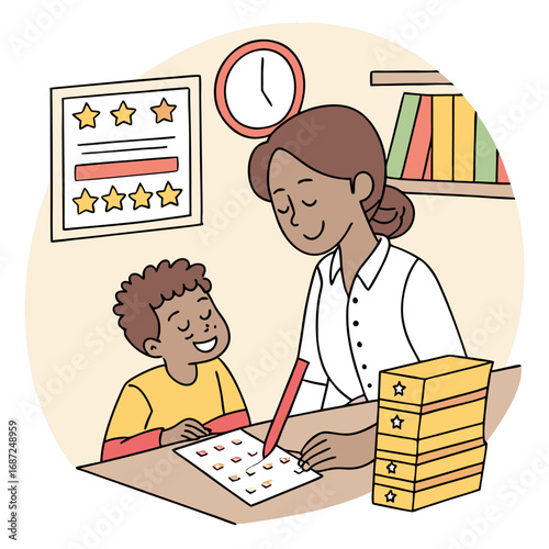 Vector art of teacher helping student with homework