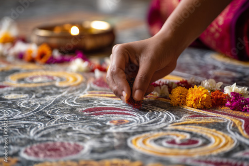 Artistic macro view of hands creating Navratri rangoli with flowers and colors.
