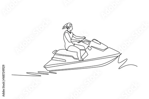 Single one line drawing young female athlete riding a jet ski on the water. Symbolizing speed, freedom, and the thrill of a water sport. Modern continuous line draw design graphic vector illustration