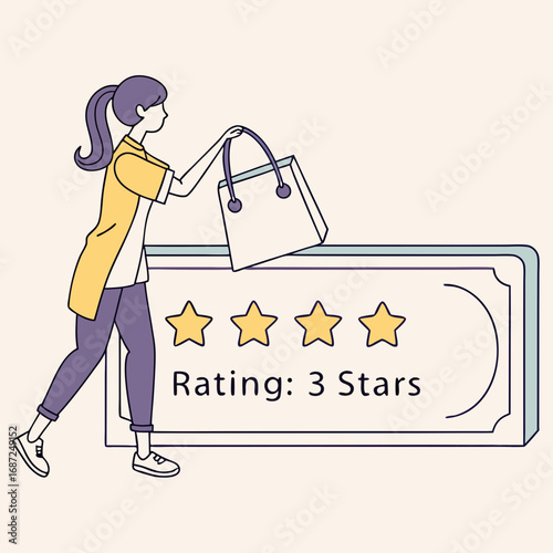 Vector art of woman with shopping bag giving 3 star rating