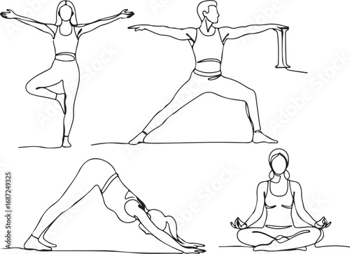 Line art illustrations of people practicing yoga poses