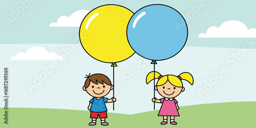 Happy children holding colorful balloons stand in a green field under a blue sky, celebrating a joyful and carefree day together in nature.