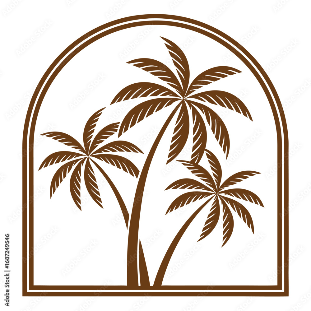 Obraz premium Three brown palm trees silhouetted within a brown arched frame vector