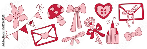 Set of pink stickers in a coquette aesthetic for Valentine's Day and girls bachelor party. Whimsical vector illustrations in doodle style. Trendy ideas for stickers, invitations, diary and scrapbook.