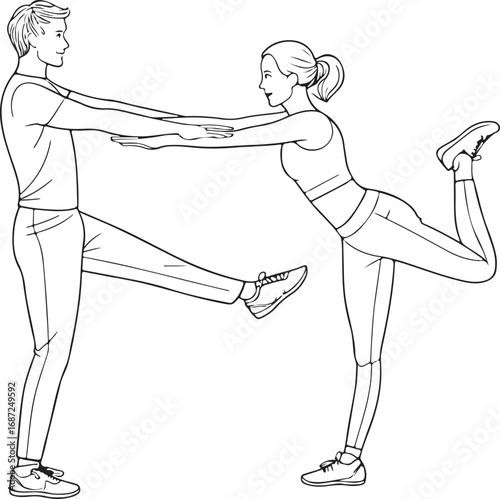 Line drawing of couple performing synchronized leg exercise