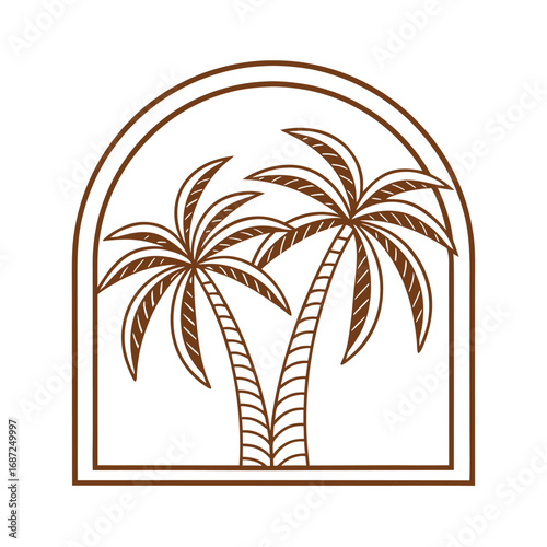 Two brown palm trees inside an arched frame outline graphic