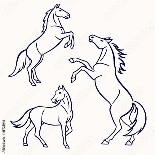 Collection of three elegant horse figures in dynamic poses including rearing and standing depicted in a simple black outline sketch style.