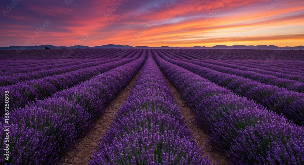 Obraz premium Beautiful lavender field glowing with unique vibrant colors at sunset, golden light casting warm tones across the flowers