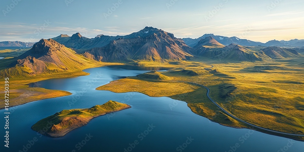 Fototapeta premium Aerial view of a serene lake surrounded by golden hills and rugged mountains under a clear blue sky