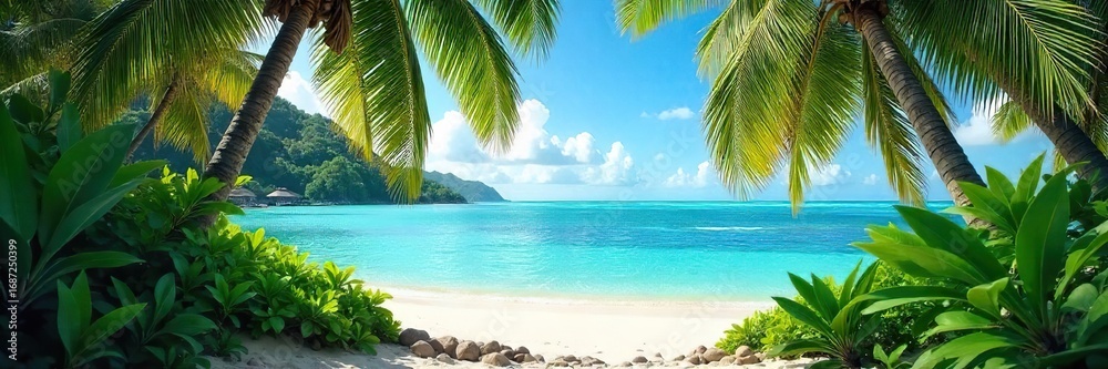 Fototapeta premium Serene Tropical Paradise Lush Jungle Meets Turquoise Ocean on Secluded Beach
