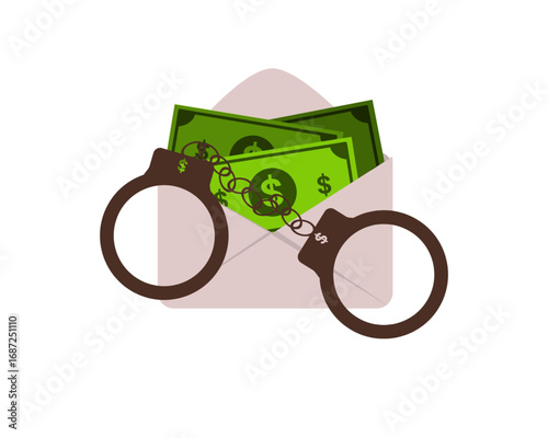 Handcuffs attached to an open envelope filled with cash, a conceptual illustration of bribery, corruption, and financial crime