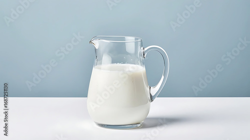 jug of fresh milk and pitcher on folded blue cloth with white background.
