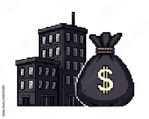 Digital pixel art illustration representing the fusion of real estate assets and wealth accumulation, signifying successful business ventures and financial security