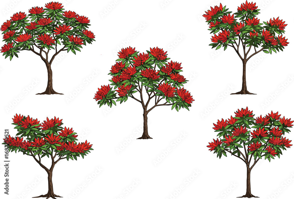 Fototapeta premium Red flowering trees, green foliage, spring blossom, tropical garden, nature landscape, ornamental plants, floral scenery, botanical beauty, blooming season, outdoor park