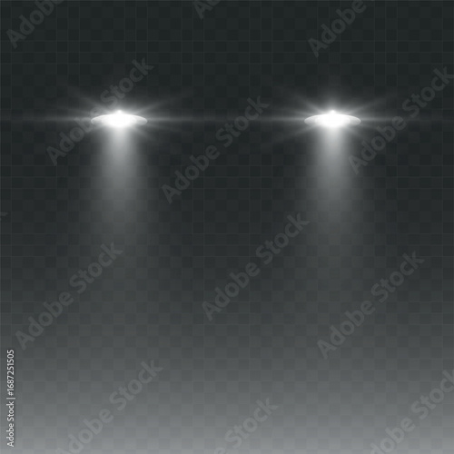 Cars light effect. White glow car headlight bright beams ray isolated on transparent background
