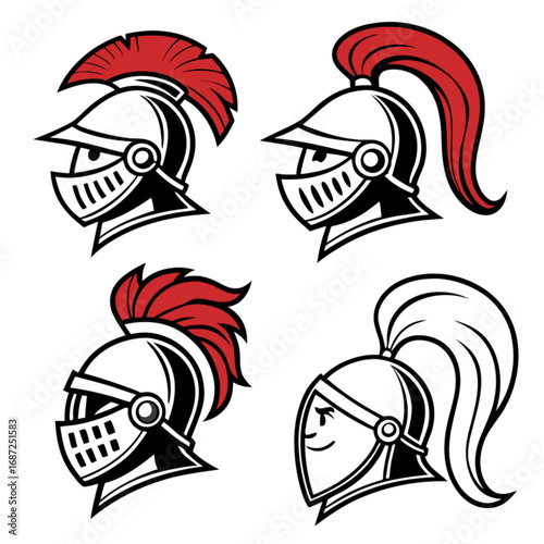 Set of four stylized knight helmet mascots featuring male and female warriors with red plumes and ponytails.