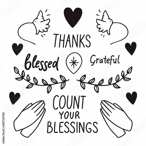 Thanksgiving Gratitude Line Art – Give Thanks, Blessed, Grateful Heart Typography & Symbols
