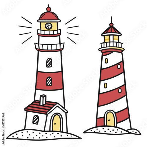 Two cartoon red and white striped lighthouses one beaming light with nautical charm.