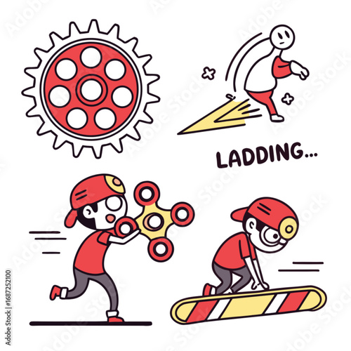 Cartoon Character Action Set: Running Snowboarding Fidget Spinner and Launching.
