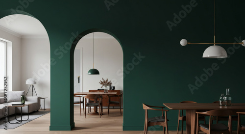 Fototapeta Naklejka Na Ścianę i Meble -  An interior architectural shot focusing on a beautiful arched doorway between a living room and dining room, painted in a bold color, highlighting the classic design feature