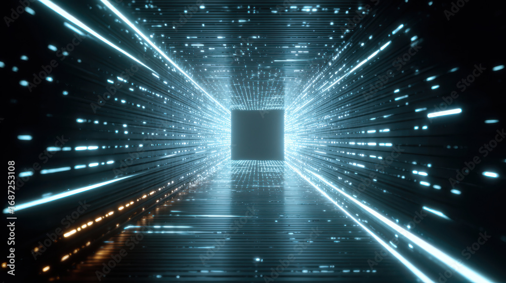 Obraz premium Futuristic glowing data hologram in neon tunnel creates mesmerizing effect