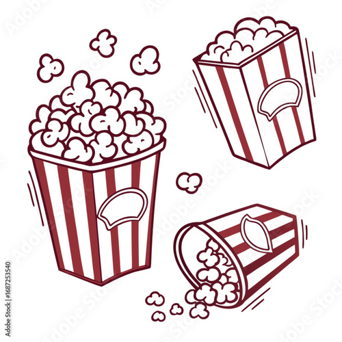 Hand-drawn collection of red striped cinema popcorn buckets illustrated as full tilted and spilled over.