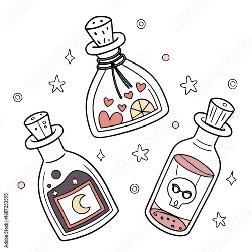 Three outlined potion bottles with unique contents and cork stoppers whimsical style.