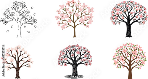 Blossoming tree illustration set, spring floral vector collection, artistic styles of cherry trees, seasonal nature graphics, pink blossom artwork, garden theme