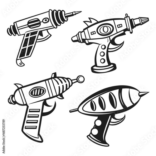 A collection of four retro-futuristic science fiction ray guns in a bold black and white line art style.