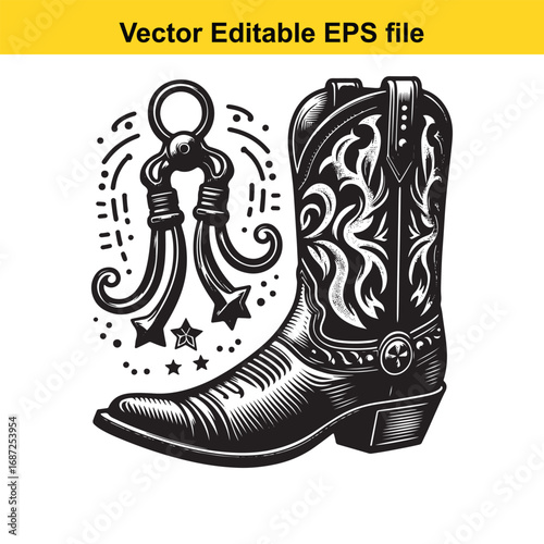 Western cowboy boot and spurs isolated on white background