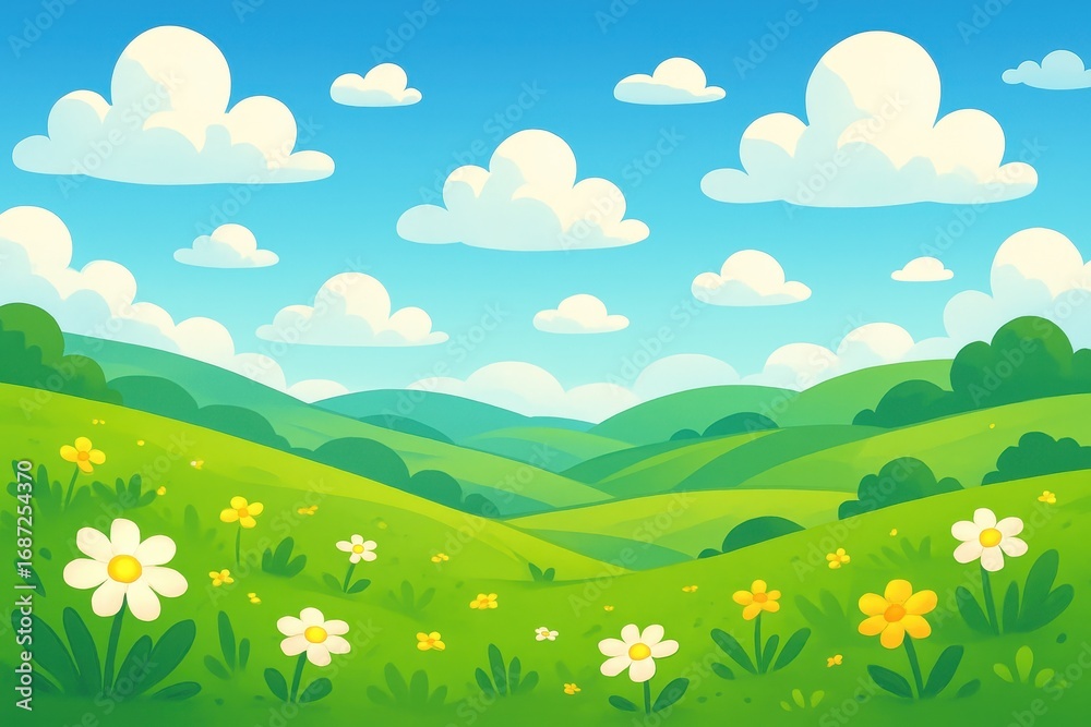 Fototapeta premium Whimsical cartoon landscape featuring rolling green hills with vibrant blue sky and fluffy white clouds
