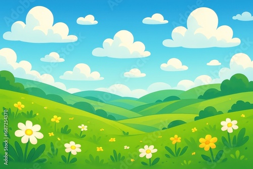 Whimsical cartoon landscape featuring rolling green hills with vibrant blue sky and fluffy white clouds