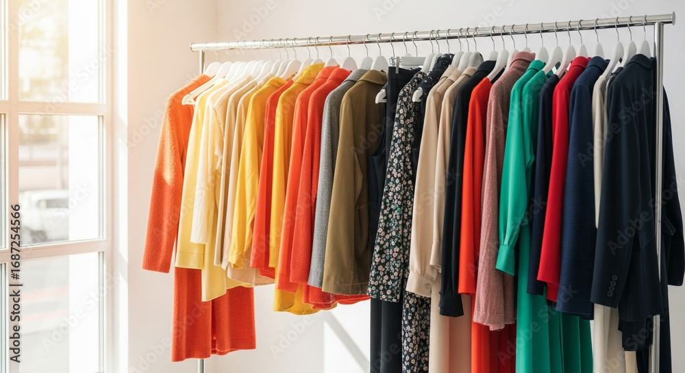 Fototapeta premium Vibrant wardrobe collection displayed on a modern clothing rack, perfect for fashion inspiration